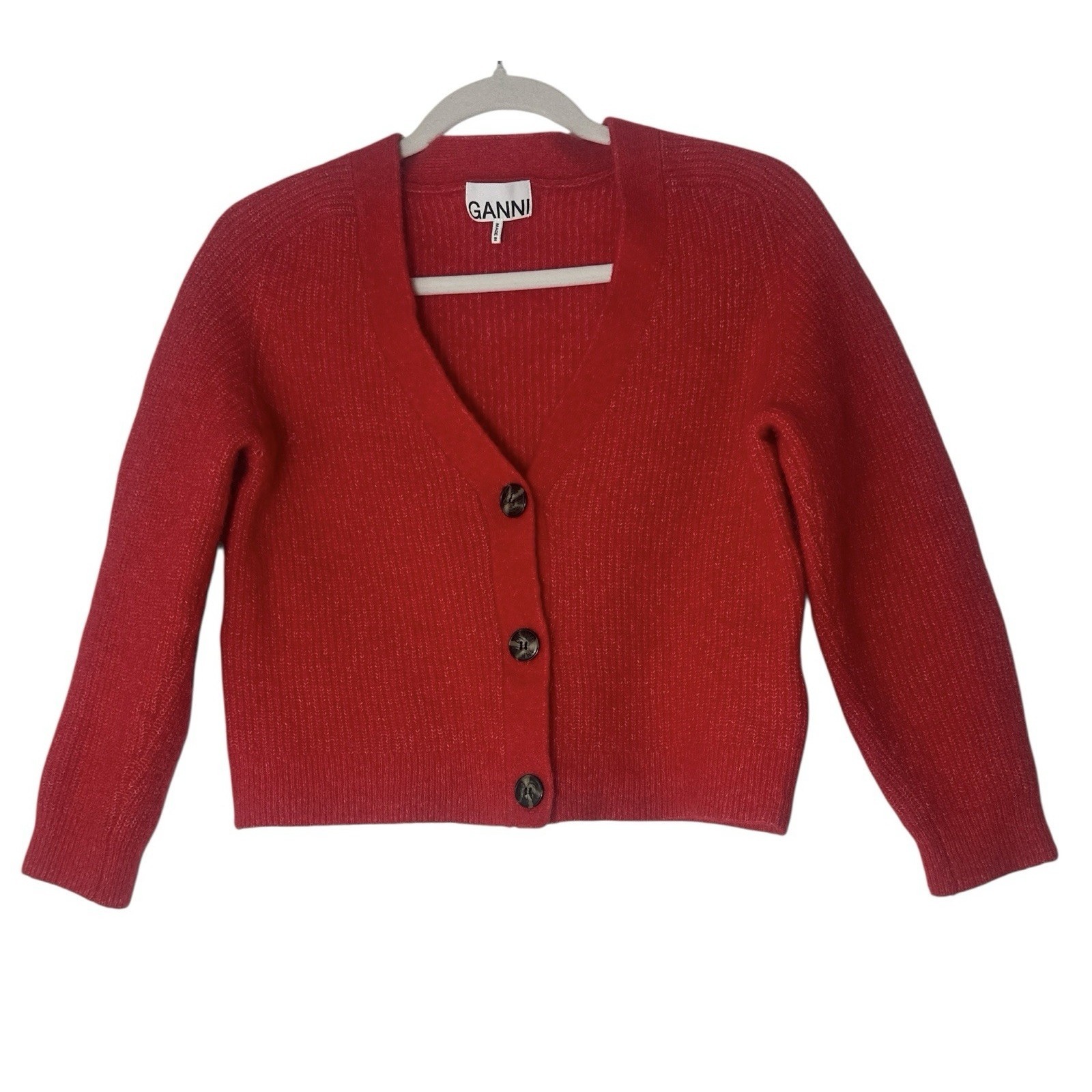 Ganni Cropped Cardigan Sweater Women's Small Red Wool Alpaca Blend Button Front